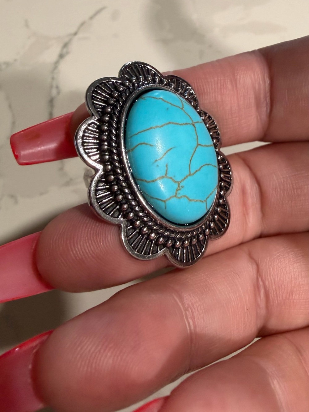 Turquoise Stone Statement Ring - Silver-Tone Floral Design